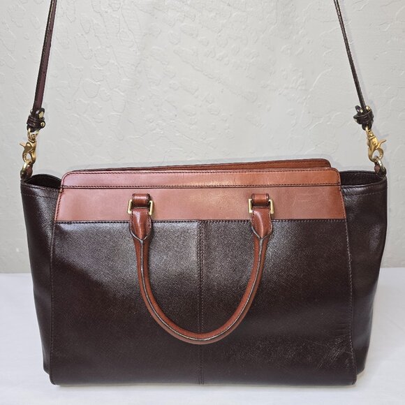 Brahmin Two-Tone Brown Crossgrain Leather & Leather Structured Crossbody Satchel - Picture 7 of 15